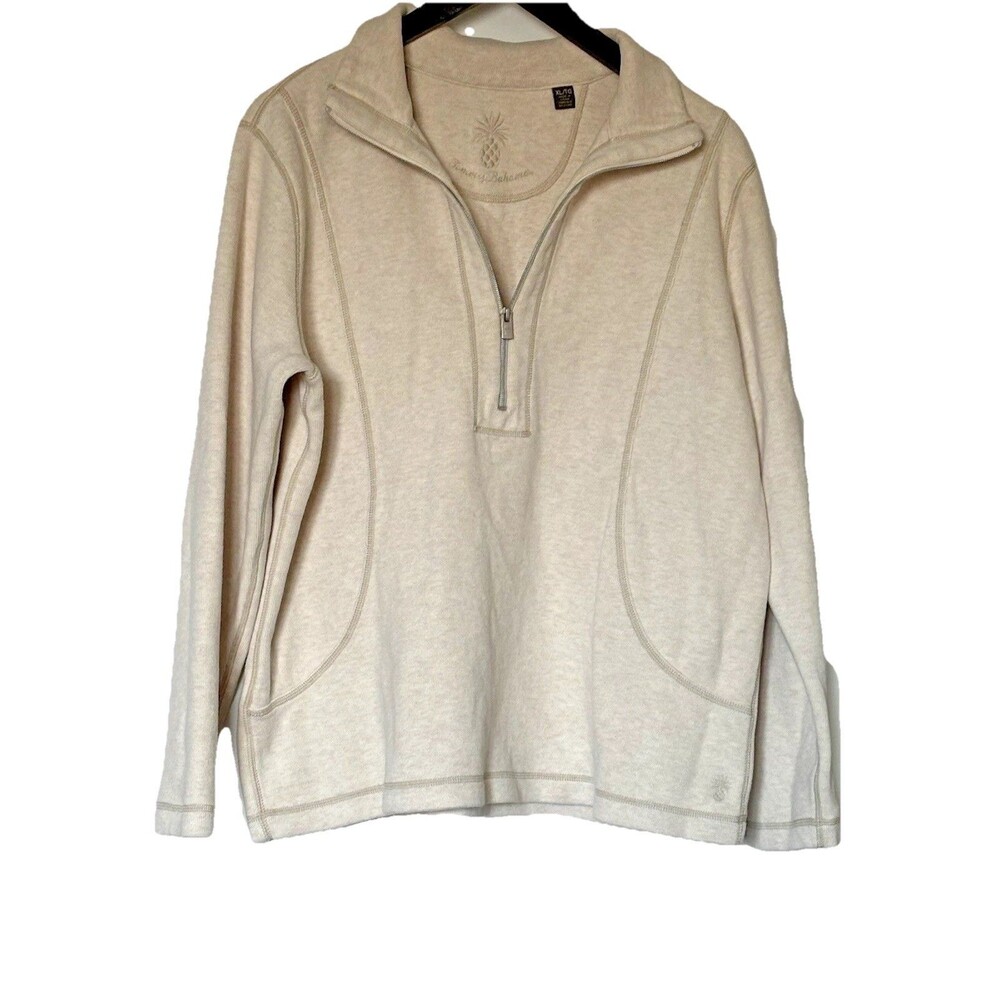 Tommy Bahama Size XL Mens‎ 1/4 Zip Pullover Beige Cotton Casual Sweatshirt